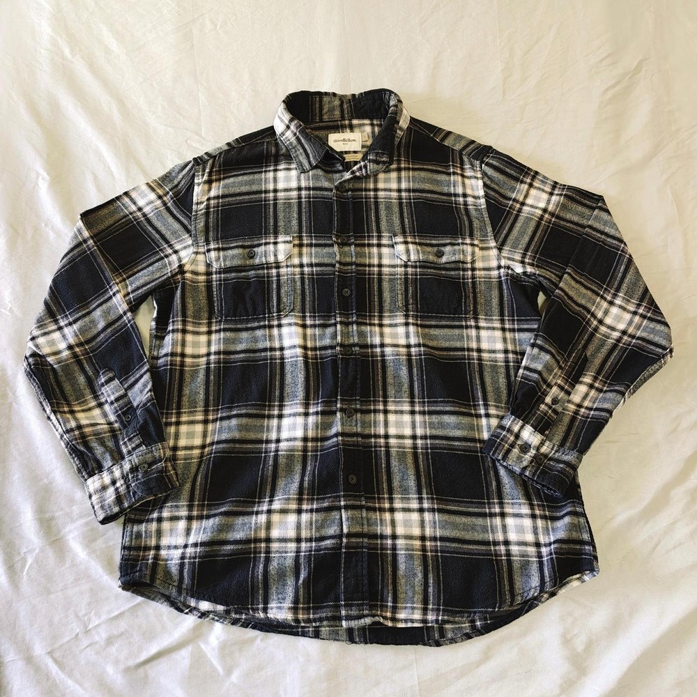 Goodfellow & Co Mens Black White Plaid Flannel Shirt Size L Standard Fit